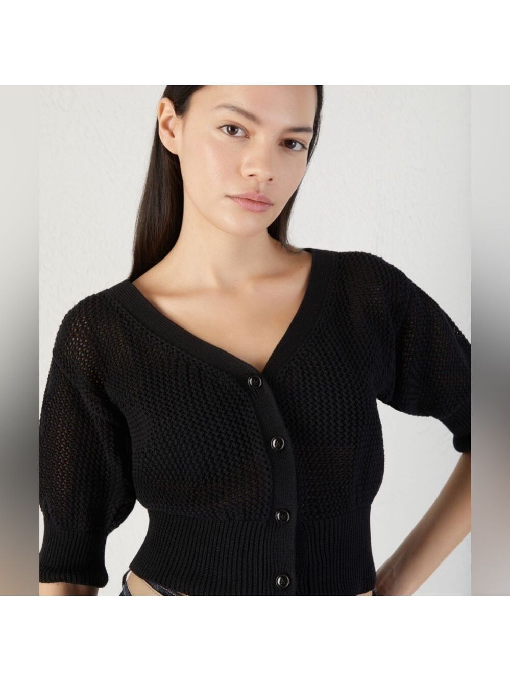 Like New MARELLA Black Crop Sweater Size M Puff Sleeve